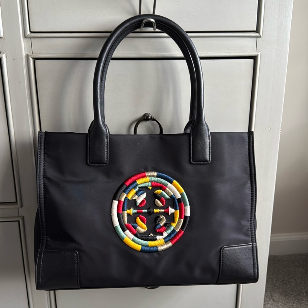 MINT Tory Burch Mini Ella Embroidered Logo Nylon Tote - Black - STUNNING!